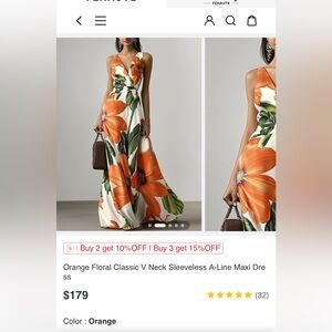 Orange Floral Sleeveless Maxi Dress
